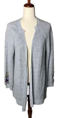 By Design Cardigan Size M Gray Embroidered Sleeve Open Front